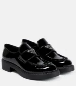 Patent leather upper with leather lining and rubber sole