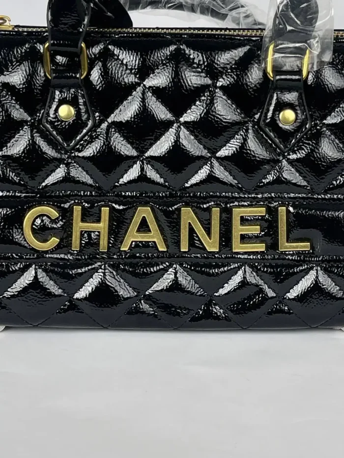 Women’s Quilted Patent Leather Top Handle Handbag - Image 7